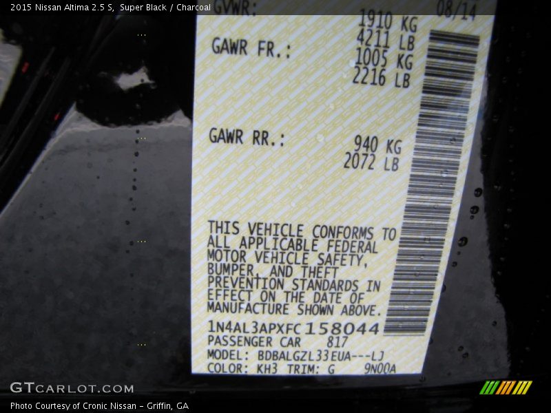 Super Black / Charcoal 2015 Nissan Altima 2.5 S