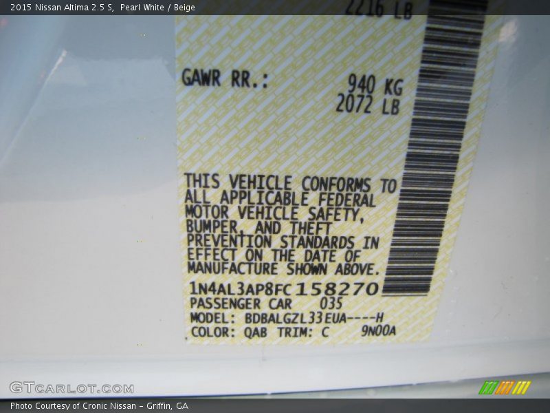 Pearl White / Beige 2015 Nissan Altima 2.5 S