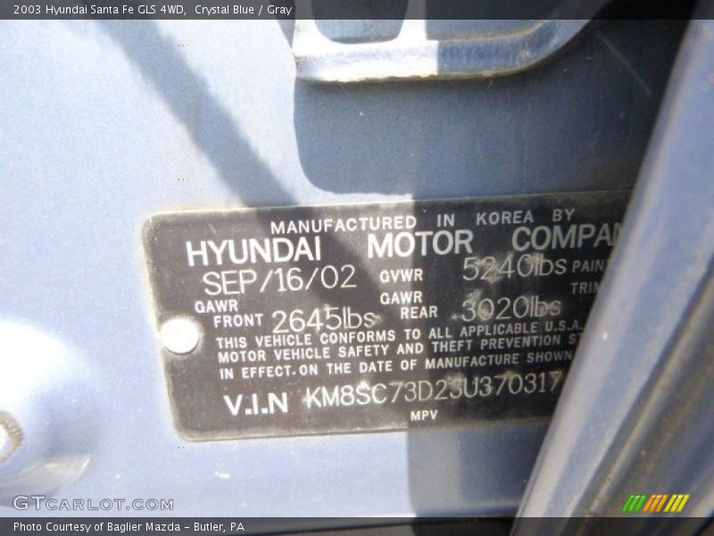 Crystal Blue / Gray 2003 Hyundai Santa Fe GLS 4WD