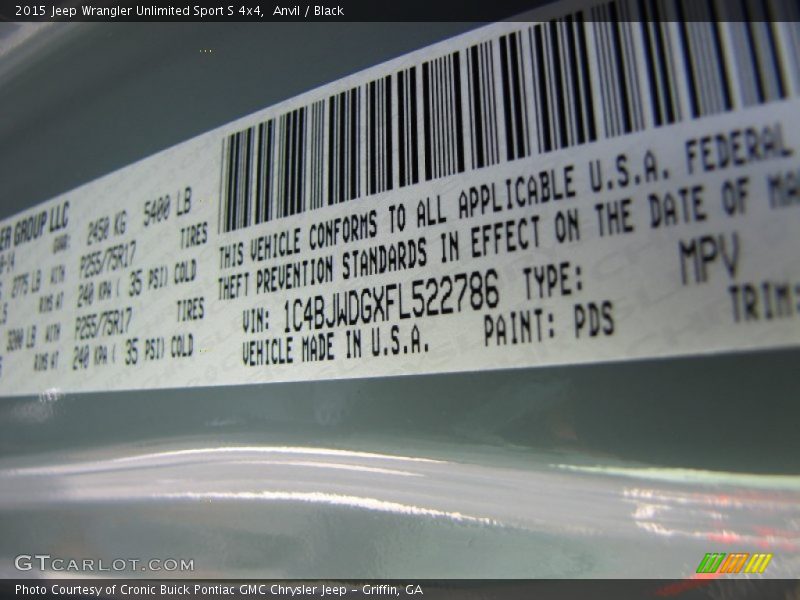 2015 Wrangler Unlimited Sport S 4x4 Anvil Color Code PDS