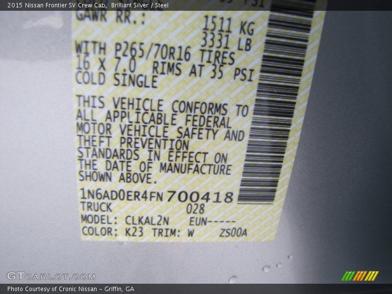 2015 Frontier SV Crew Cab Brilliant Silver Color Code K23