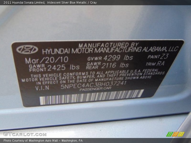 Iridescent Silver Blue Metallic / Gray 2011 Hyundai Sonata Limited