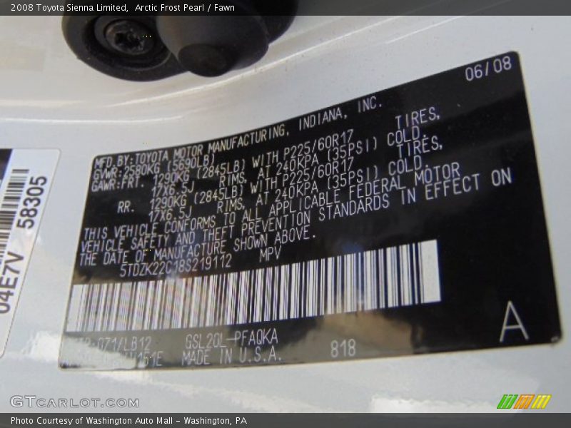 Arctic Frost Pearl / Fawn 2008 Toyota Sienna Limited