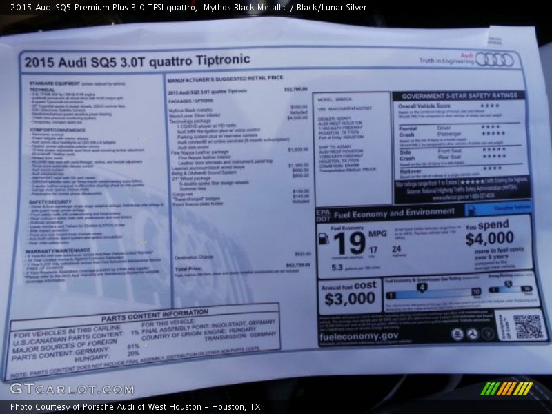  2015 SQ5 Premium Plus 3.0 TFSI quattro Window Sticker