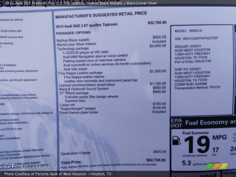  2015 SQ5 Premium Plus 3.0 TFSI quattro Window Sticker