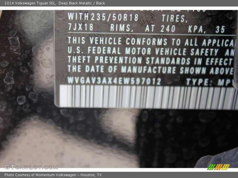 Deep Black Metallic / Black 2014 Volkswagen Tiguan SEL