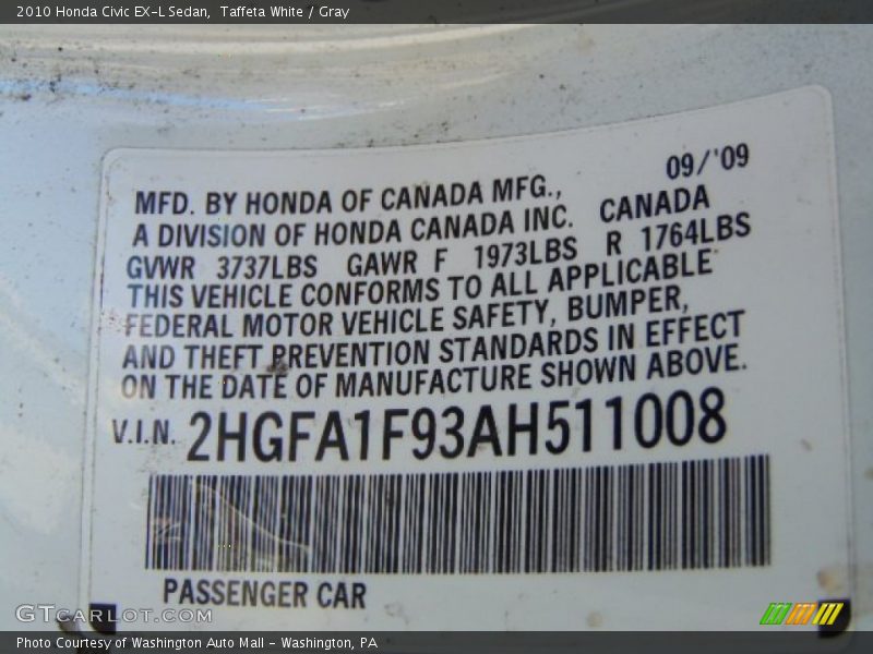 Taffeta White / Gray 2010 Honda Civic EX-L Sedan