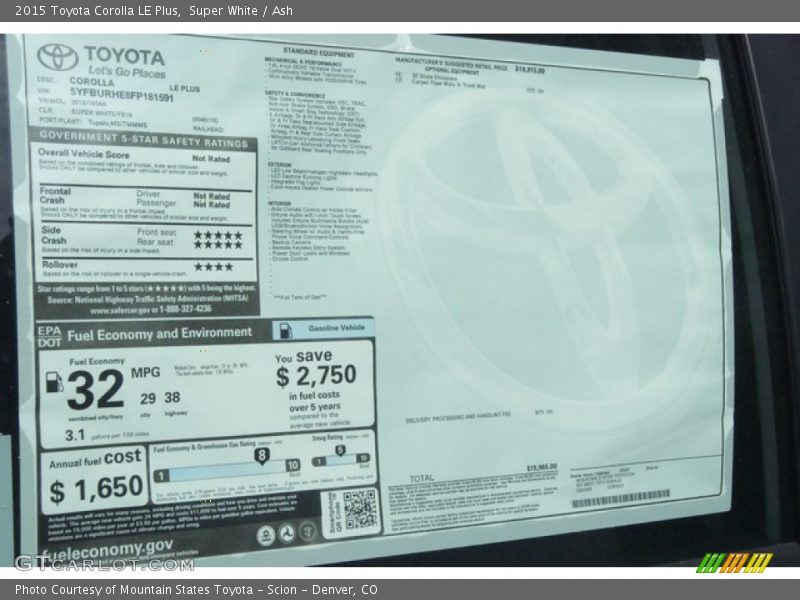 Super White / Ash 2015 Toyota Corolla LE Plus