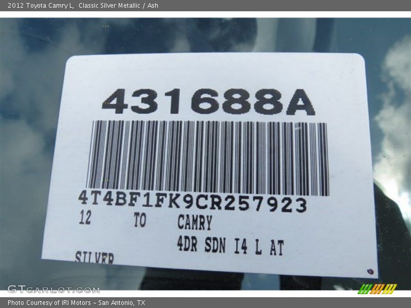 Classic Silver Metallic / Ash 2012 Toyota Camry L