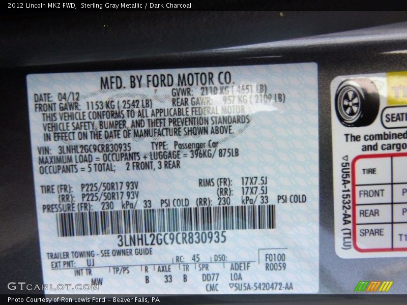 Sterling Gray Metallic / Dark Charcoal 2012 Lincoln MKZ FWD