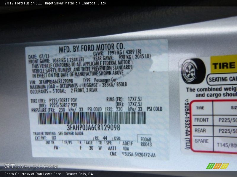 Ingot Silver Metallic / Charcoal Black 2012 Ford Fusion SEL