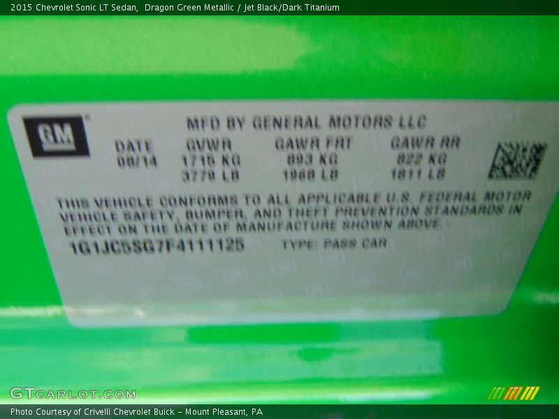 Dragon Green Metallic / Jet Black/Dark Titanium 2015 Chevrolet Sonic LT Sedan
