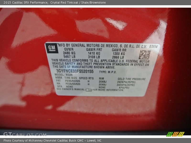 Info Tag of 2015 SRX Performance