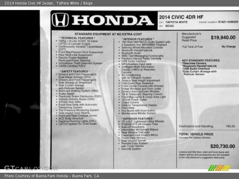  2014 Civic HF Sedan Window Sticker