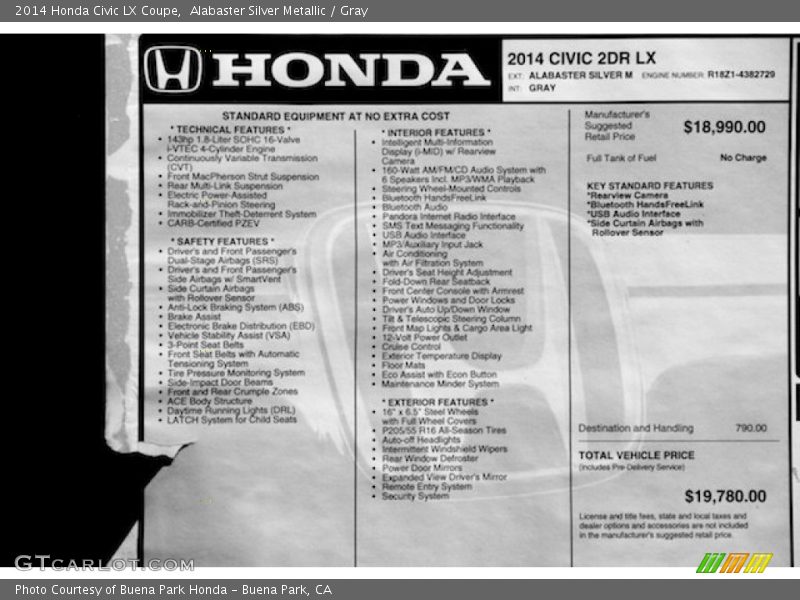 Alabaster Silver Metallic / Gray 2014 Honda Civic LX Coupe