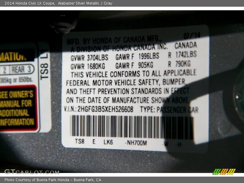 Alabaster Silver Metallic / Gray 2014 Honda Civic LX Coupe