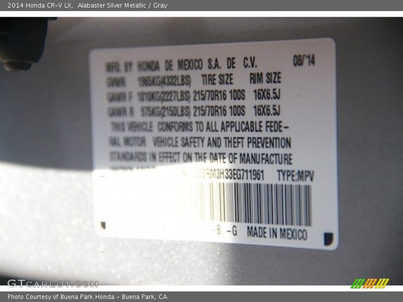 Alabaster Silver Metallic / Gray 2014 Honda CR-V LX