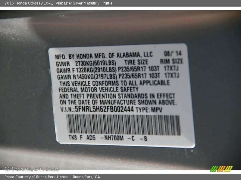 Alabaster Silver Metallic / Truffle 2015 Honda Odyssey EX-L