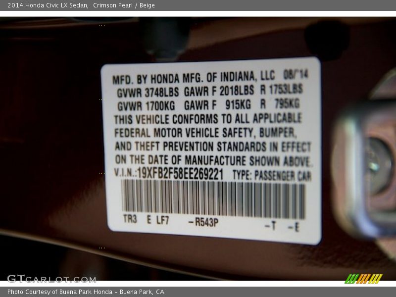Crimson Pearl / Beige 2014 Honda Civic LX Sedan