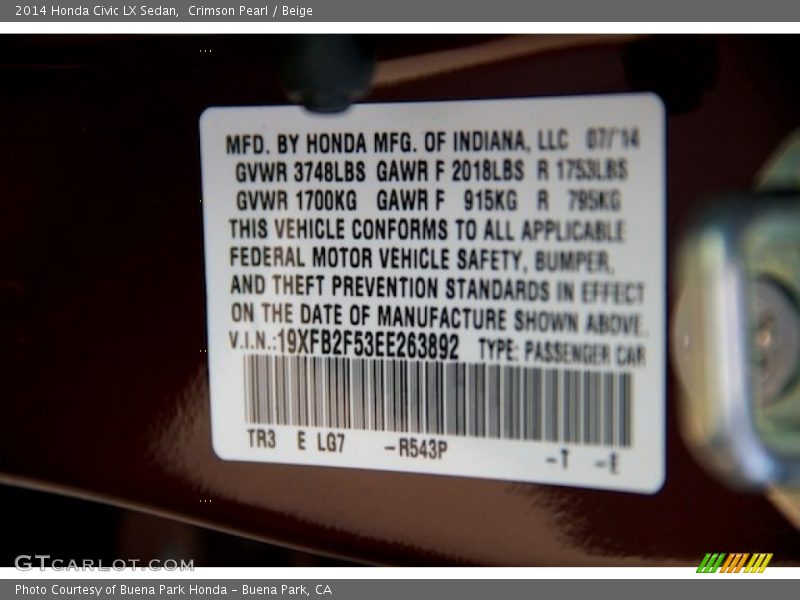 Crimson Pearl / Beige 2014 Honda Civic LX Sedan