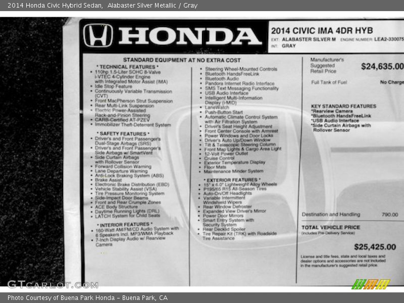 2014 Civic Hybrid Sedan Window Sticker