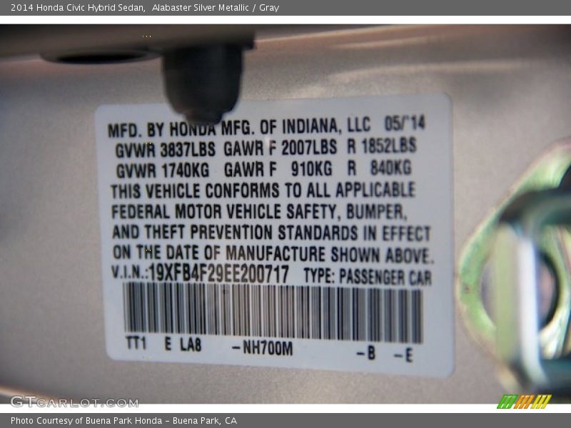 Alabaster Silver Metallic / Gray 2014 Honda Civic Hybrid Sedan