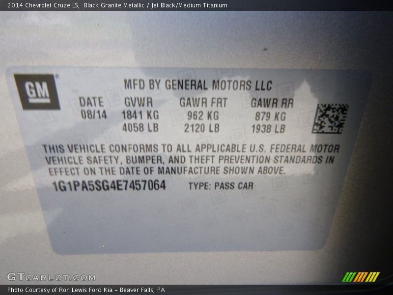 Black Granite Metallic / Jet Black/Medium Titanium 2014 Chevrolet Cruze LS