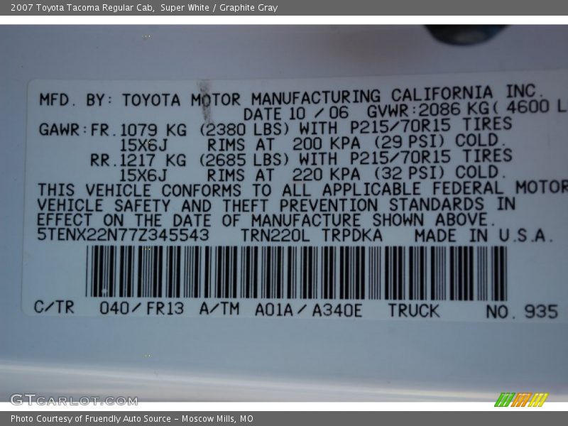 Super White / Graphite Gray 2007 Toyota Tacoma Regular Cab