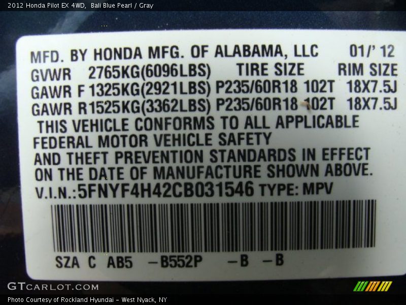 Bali Blue Pearl / Gray 2012 Honda Pilot EX 4WD