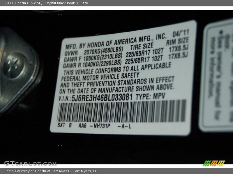 Crystal Black Pearl / Black 2011 Honda CR-V SE