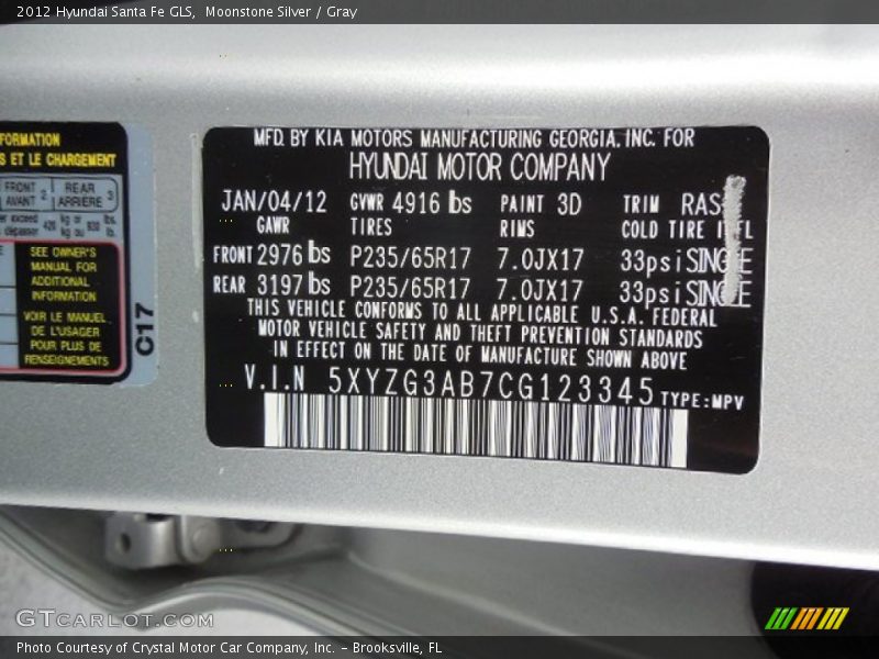 Moonstone Silver / Gray 2012 Hyundai Santa Fe GLS