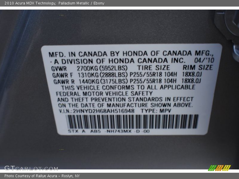 Palladium Metallic / Ebony 2010 Acura MDX Technology