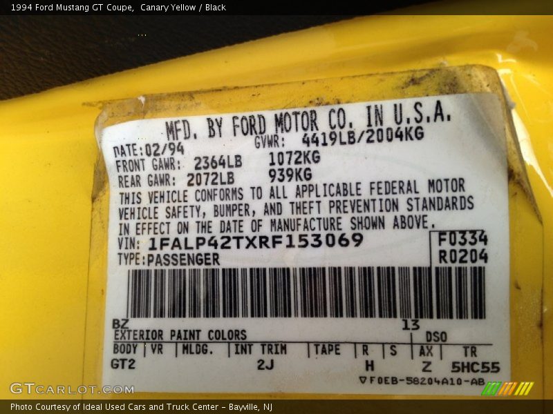 1994 Mustang GT Coupe Canary Yellow Color Code BZ