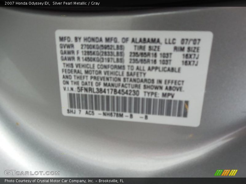 Silver Pearl Metallic / Gray 2007 Honda Odyssey EX