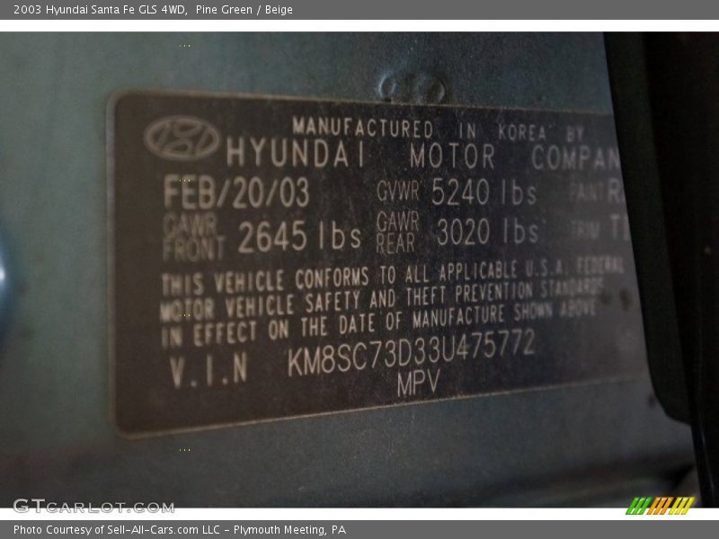 Pine Green / Beige 2003 Hyundai Santa Fe GLS 4WD