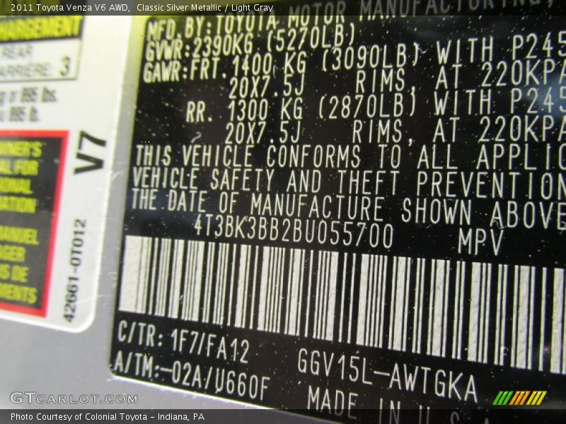 Classic Silver Metallic / Light Gray 2011 Toyota Venza V6 AWD