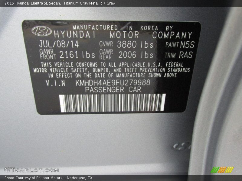 Titanium Gray Metallic / Gray 2015 Hyundai Elantra SE Sedan