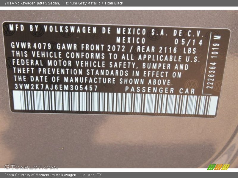 Platinum Gray Metallic / Titan Black 2014 Volkswagen Jetta S Sedan