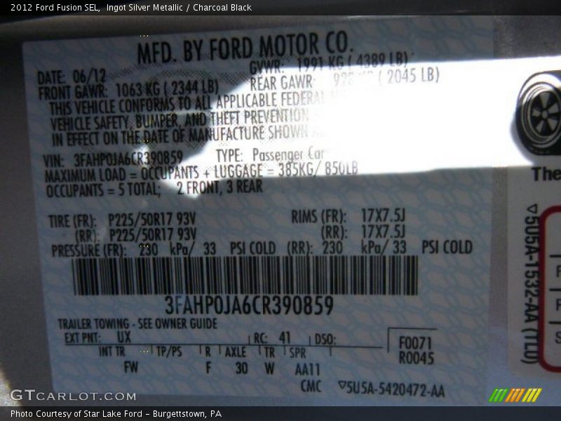 Ingot Silver Metallic / Charcoal Black 2012 Ford Fusion SEL