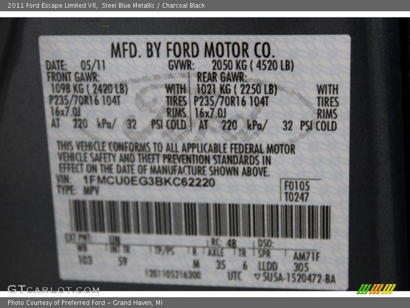 Steel Blue Metallic / Charcoal Black 2011 Ford Escape Limited V6