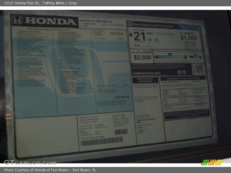 Taffeta White / Gray 2015 Honda Pilot EX