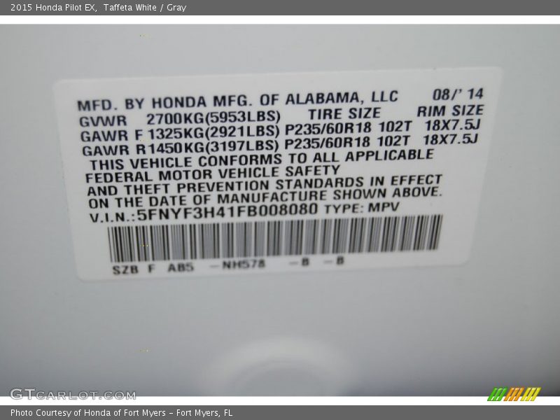 Taffeta White / Gray 2015 Honda Pilot EX