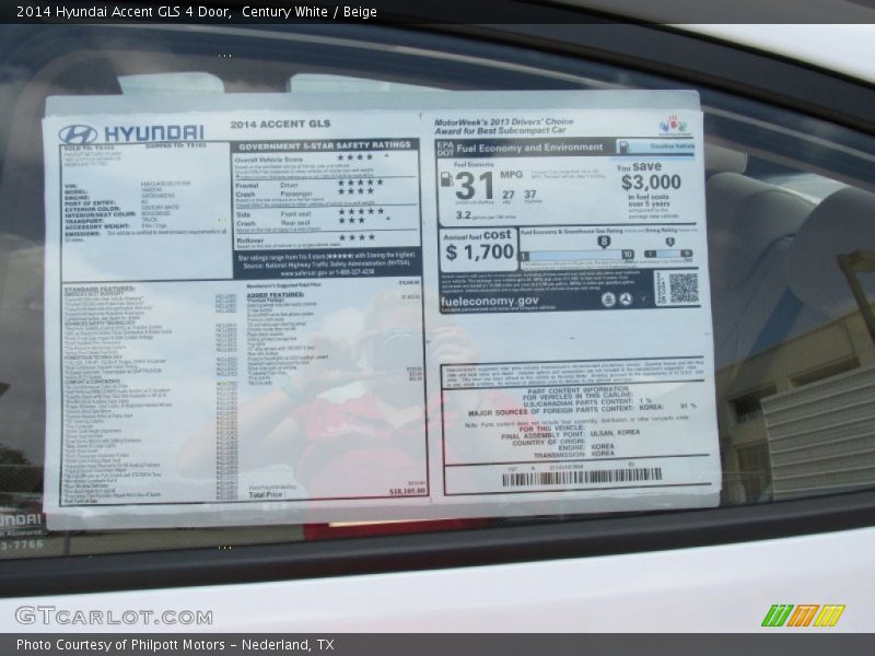 Century White / Beige 2014 Hyundai Accent GLS 4 Door