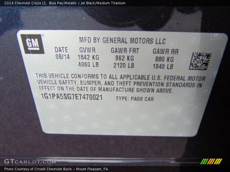 Blue Ray Metallic / Jet Black/Medium Titanium 2014 Chevrolet Cruze LS