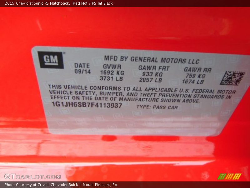 Info Tag of 2015 Sonic RS Hatchback