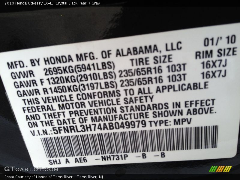 Crystal Black Pearl / Gray 2010 Honda Odyssey EX-L
