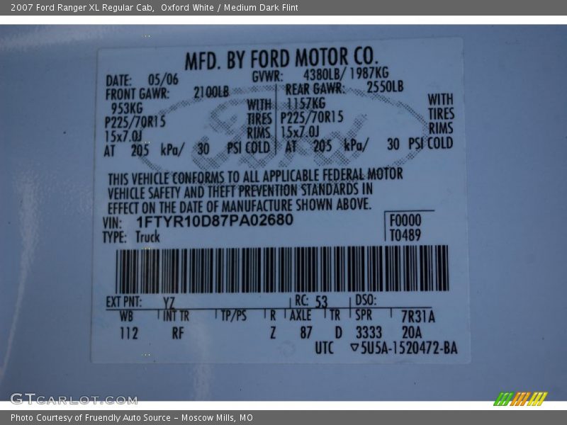 Oxford White / Medium Dark Flint 2007 Ford Ranger XL Regular Cab