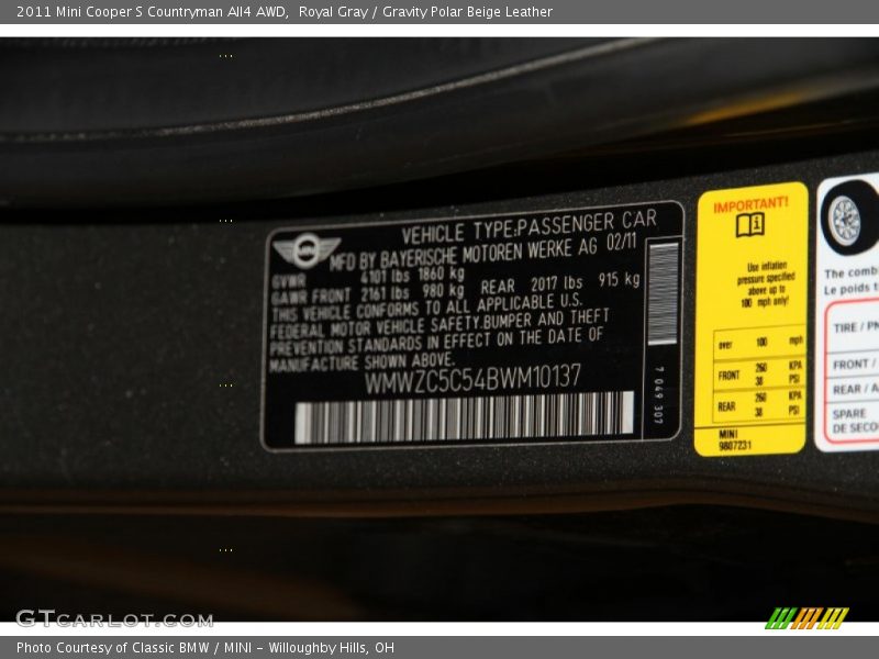 Royal Gray / Gravity Polar Beige Leather 2011 Mini Cooper S Countryman All4 AWD