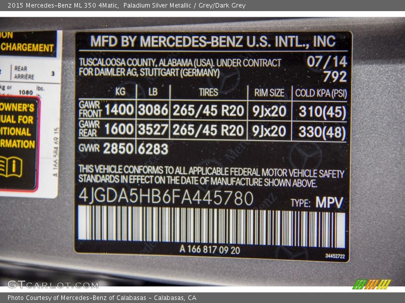 2015 ML 350 4Matic Paladium Silver Metallic Color Code 792