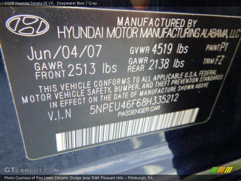 Deepwater Blue / Gray 2008 Hyundai Sonata SE V6